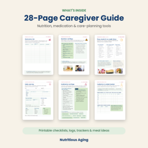 Overview image from the Caregiver Survival Guide showing six sample pages at once, including medication, nutrition, tracking, and care planning tools from the 28-page workbook.