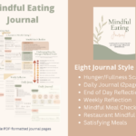 Promotional graphic for a Mindful Eating Journal featuring eight fillable PDF journal pages, including a Hunger/Fullness Scale, Daily Journal, End of Day Reflection, Weekly Reflection, Mindful Meal Checklist, Restaurant Mindful Eating worksheet, and Satisfying Meals page. The design uses soft sage green, beige, and cream tones with botanical accents.