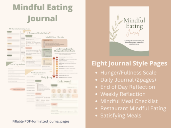 Promotional graphic for a Mindful Eating Journal featuring eight fillable PDF journal pages, including a Hunger/Fullness Scale, Daily Journal, End of Day Reflection, Weekly Reflection, Mindful Meal Checklist, Restaurant Mindful Eating worksheet, and Satisfying Meals page. The design uses soft sage green, beige, and cream tones with botanical accents.