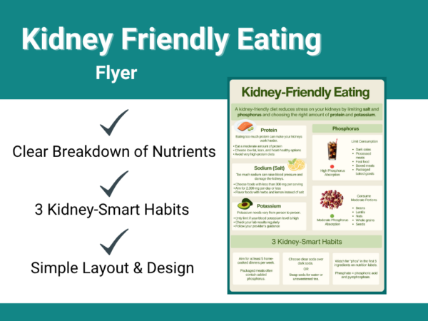 Infographic on kidney-friendly eating, covering how to manage sodium, protein, potassium, and phosphorus intake, plus 3 practical habits for reducing kidney stress through diet.