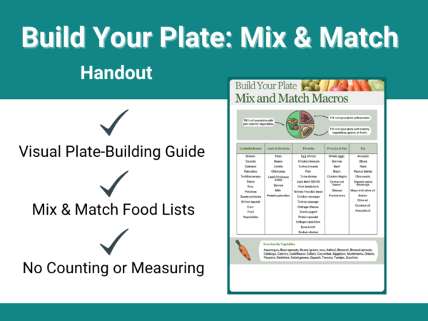 Build Your Plate: Mix and Match Macros' handout showing a plate diagram divided into portions: half non-starchy vegetables, one quarter protein, and one quarter starchy vegetables, grains, or fruit. Includes a food list table organized into 5 columns: carbohydrates, carb and protein, protein, protein and fat, and fat, plus a separate list of non-starchy vegetables like broccoli, cauliflower, and zucchini.