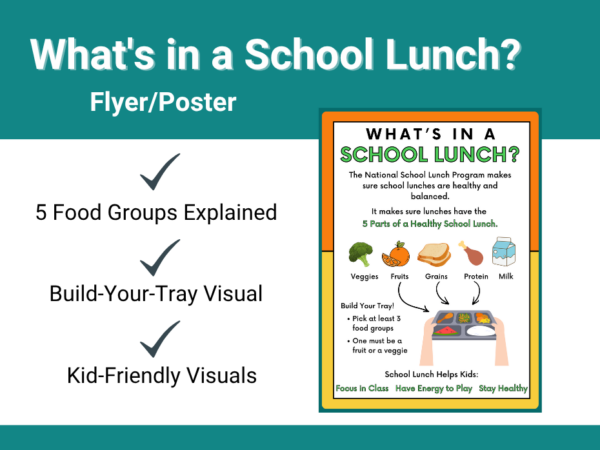 Colorful infographic titled 'What's in a School Lunch?' explaining the National School Lunch Program's 5 parts of a healthy school lunch: veggies, fruits, grains, protein, and milk. Includes a 'Build Your Tray' illustration showing a lunch tray and instructions to pick at least 3 food groups, including a fruit or veggie. Ends with messaging that school lunch helps kids focus in class, have energy to play, and stay healthy.