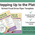 'Stepping Up to the Plate' school food drive flyer template, editable in Canva, showing grade-by-grade donation categories such as vegetables and sides, quick meals, proteins and breakfast items, and personal care items. Includes customizable fields for host organization, event date, and prize sponsor, with a note that money donations are accepted from all grades.