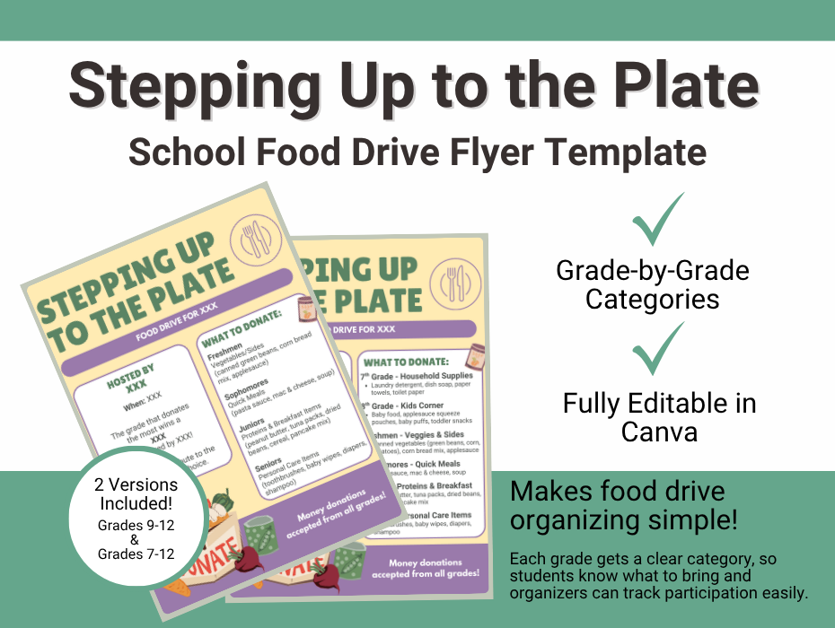 'Stepping Up to the Plate' school food drive flyer template, editable in Canva, showing grade-by-grade donation categories such as vegetables and sides, quick meals, proteins and breakfast items, and personal care items. Includes customizable fields for host organization, event date, and prize sponsor, with a note that money donations are accepted from all grades.