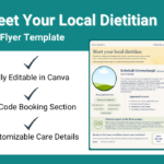 Editable Canva flyer template titled 'Meet Your Local Dietitian,' with sections for the dietitian's name and credentials, a personal statement about their approach to care, conditions treated, their care philosophy, what to expect at a first session, and a QR code for booking.