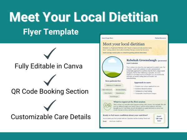 Editable Canva flyer template titled 'Meet Your Local Dietitian,' with sections for the dietitian's name and credentials, a personal statement about their approach to care, conditions treated, their care philosophy, what to expect at a first session, and a QR code for booking.