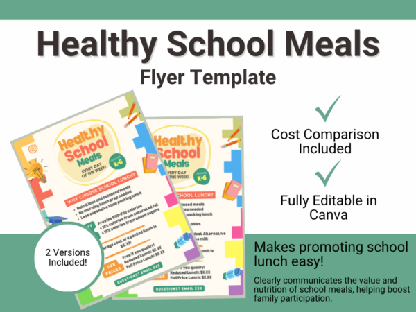 Healthy School Meals' flyer template promoting a school lunch program for grades K-6, listing benefits like balanced meals and no morning prep, nutrition details on calories and saturated fat, an average cost comparison to packed lunches, and pricing for reduced and full-price lunch, with editable contact information.