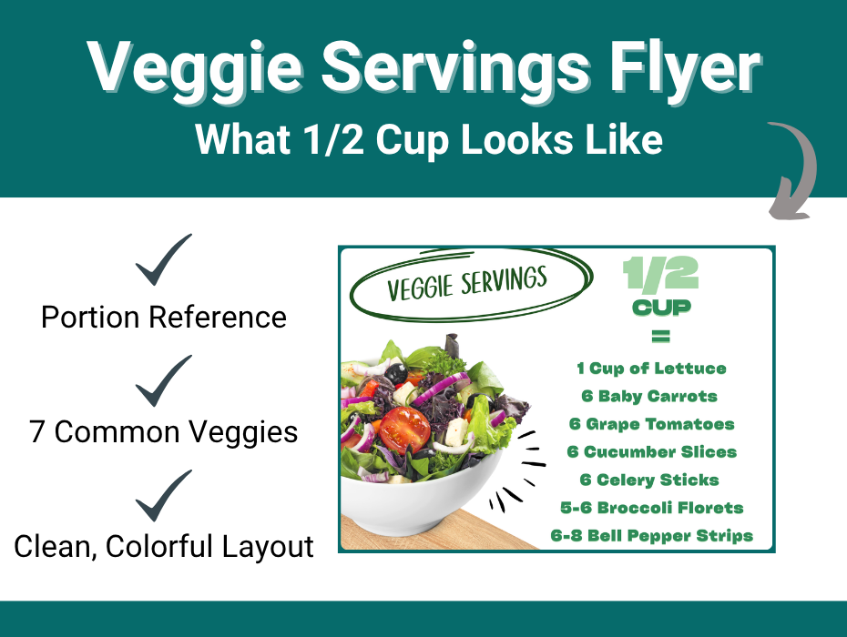 Free visual guide showing 1/2 cup vegetable serving sizes for common veggies.
