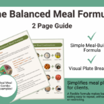 'Build Your Meal: The Balanced Meal Formula' handout showing a plate diagram divided into non-starchy veggies (half plate), protein (quarter plate), and starchy veggies or grains (quarter plate), with flavor added throughout via sauces, marinades, or seasonings. Includes food lists for each category and example meal combinations like grilled chicken, roasted broccoli, and rice with lemon and garlic.